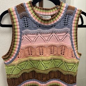 Zara Multicolor Striped Knit Sweater Vest — Pink, Green, Brown, Blue